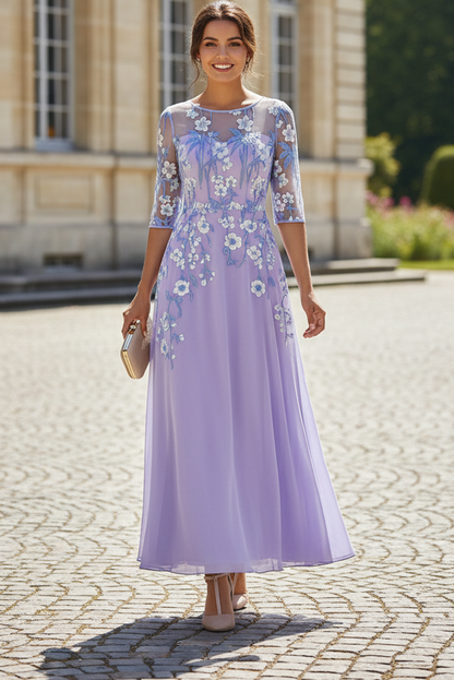 Floral Embroidered Illusion Sleeve A-Line Evening Gown