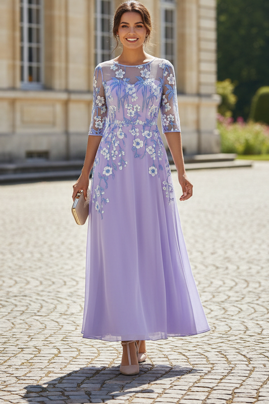 Floral Embroidered Illusion Sleeve A-Line Evening Gown