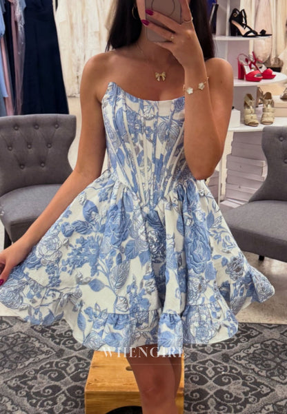 Corset Bodice Floral Print Strapless Mini Dress