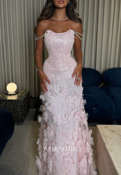 Sequined Beaded Evening Gown with 3D Florals