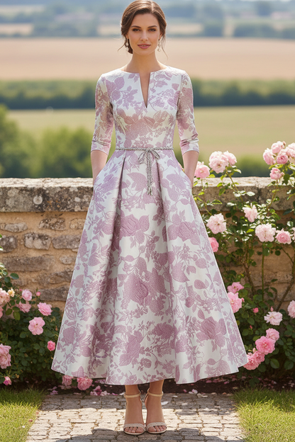 Floral Jacquard A-Line Tea-Length Dress with Pockets