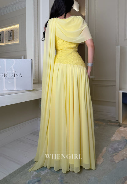 Beaded Bodice Evening Gown with Draped Shawl Cape