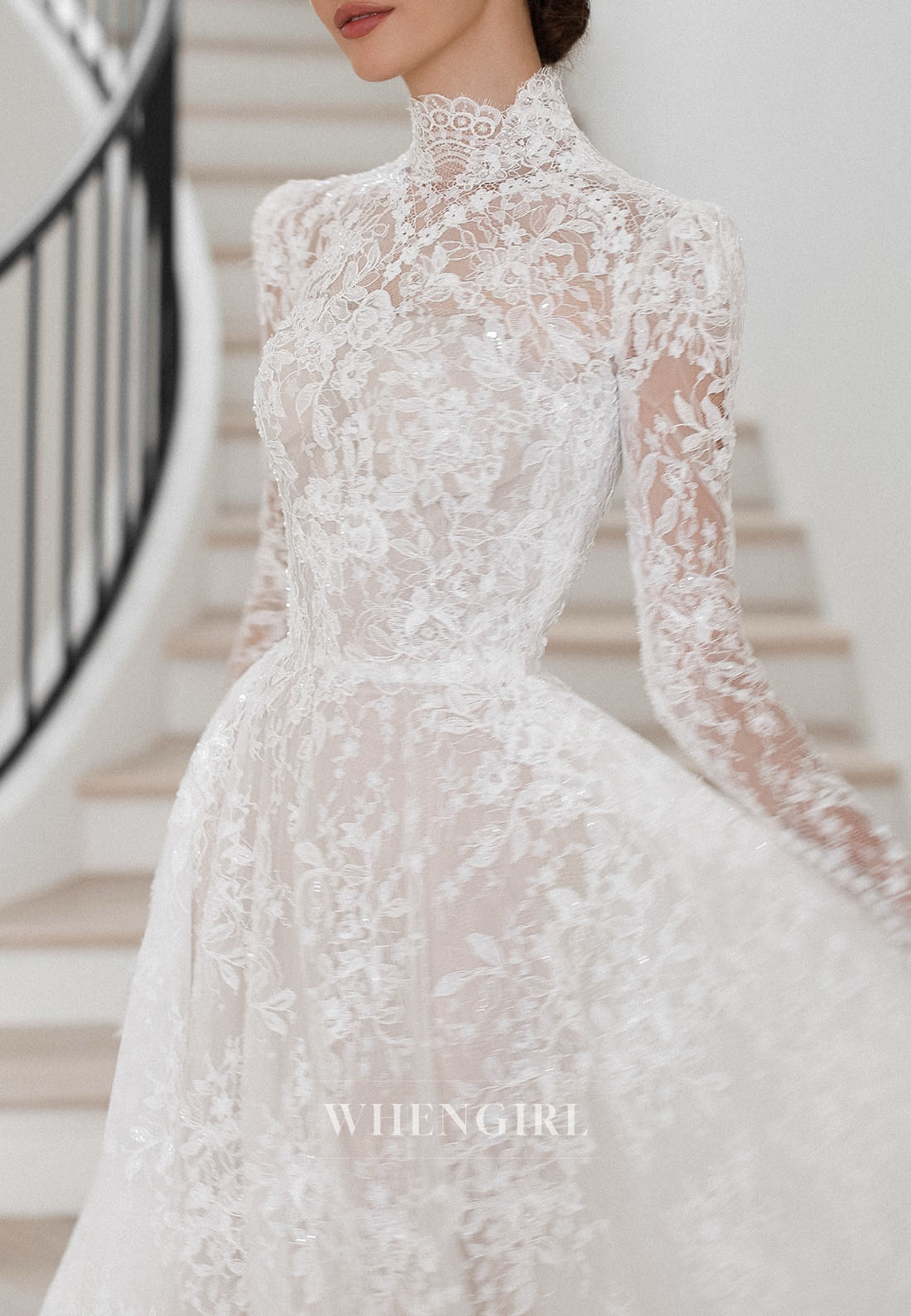 High Neck Lace Wedding Dress with Long Sleeves