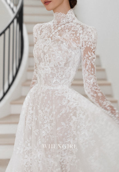 High Neck Lace Wedding Dress with Long Sleeves