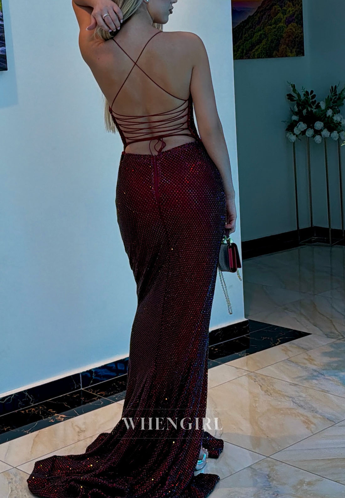 Glitter Slit Gown with Lace-Up Crisscross Back