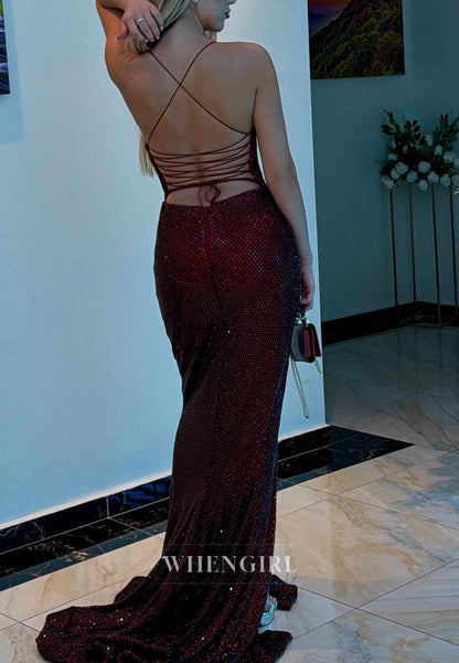 Glitter Slit Gown with Lace-Up Crisscross Back