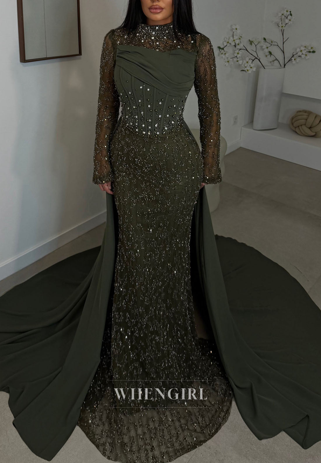 High-Neck Beaded Mermaid Gown with Overskirt