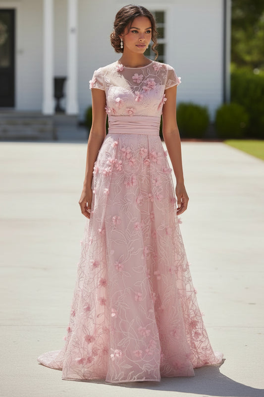 3D Floral Applique Illusion A-Line Evening Gown