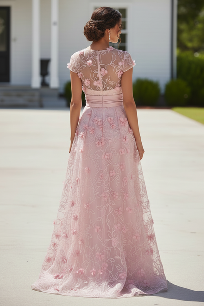 3D Floral Applique Illusion A-Line Evening Gown