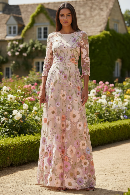Floral Embroidered A-Line Maxi Dress with 3/4 Sleeves