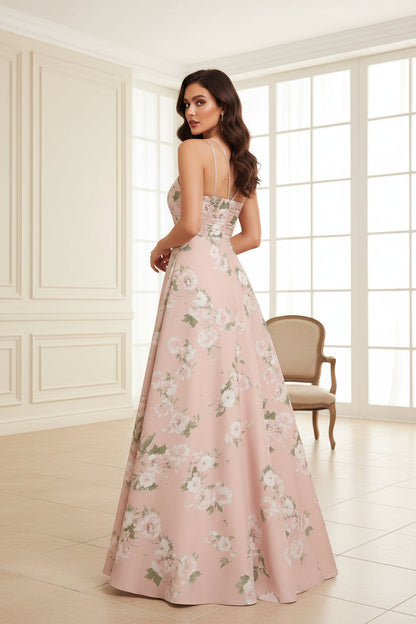 Floral Print Halter A-Line Floor-Length Gown