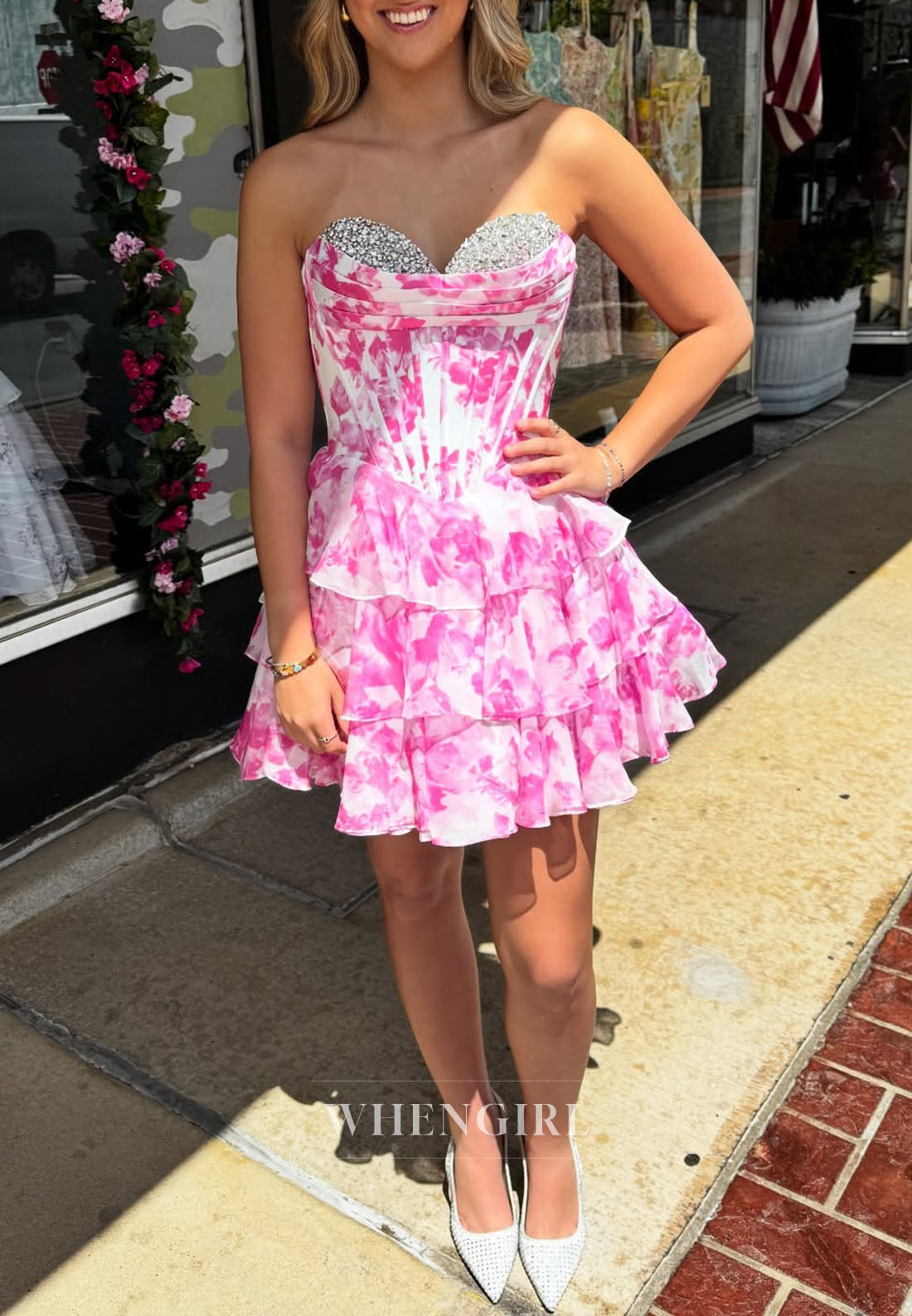 Strapless Floral Corset Ruffle Mini Dress