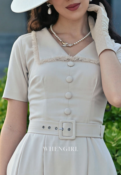 Collared Midi Dress with Pleated Skirt and Belt