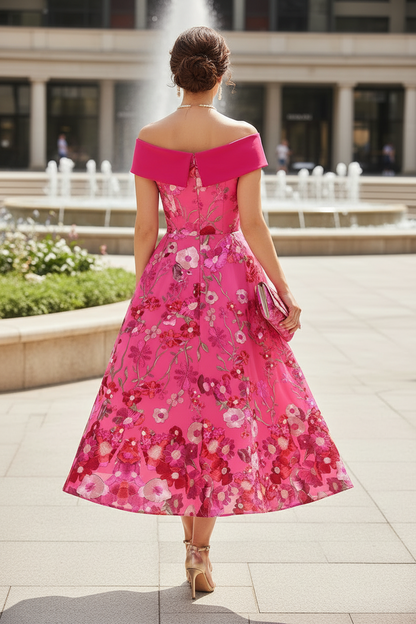 Off-Shoulder Floral A-Line Midi Dress