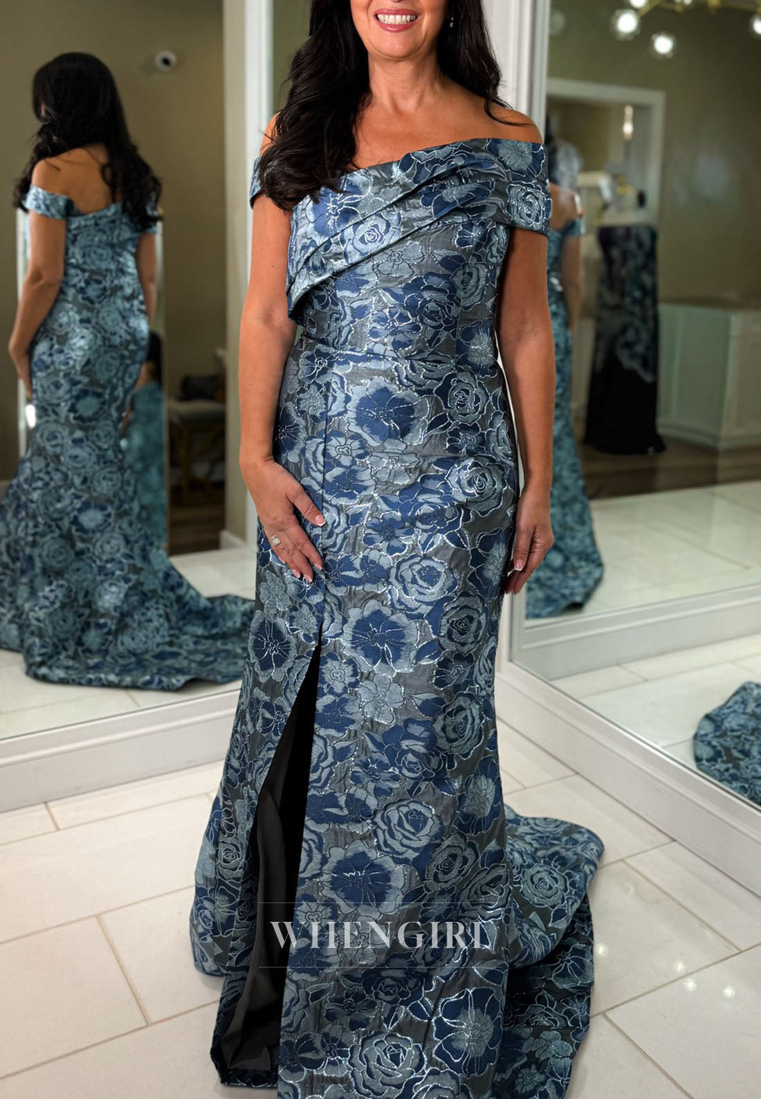 Off-Shoulder Floral Jacquard Gown with Slit