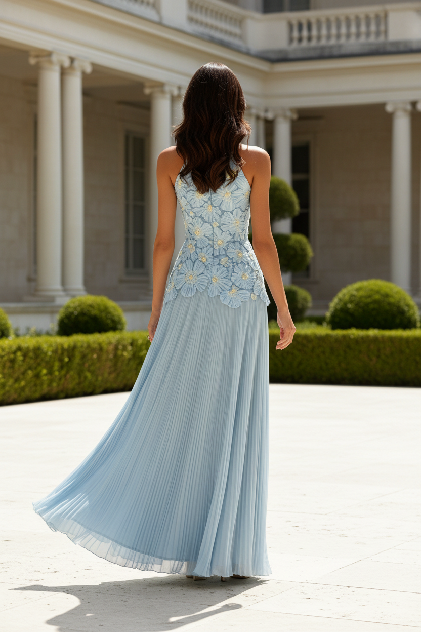 Halter Neck Floral Applique Pleated Maxi Dress