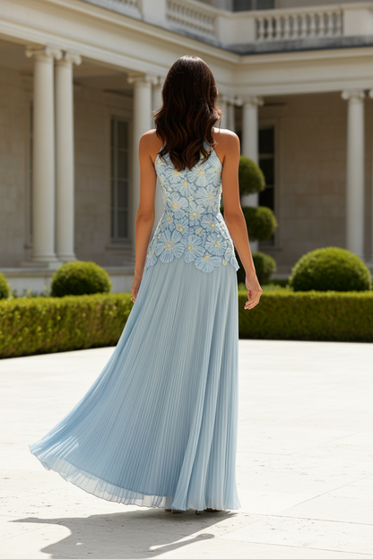 Halter Neck Floral Applique Pleated Maxi Dress