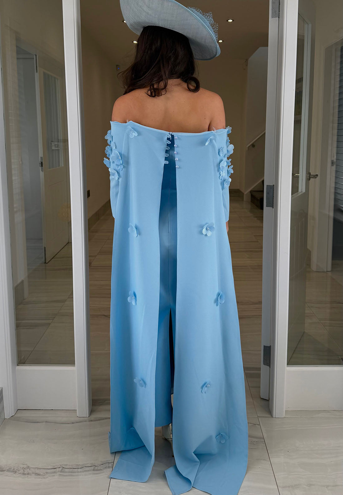 Off-the-Shoulder Cape Gown with 3D Floral Appliques