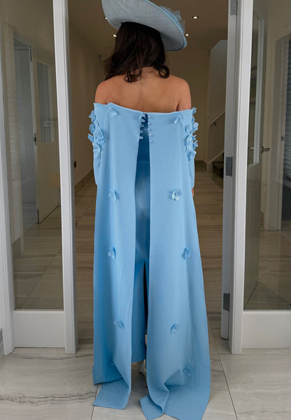 Off-the-Shoulder Cape Gown with 3D Floral Appliques