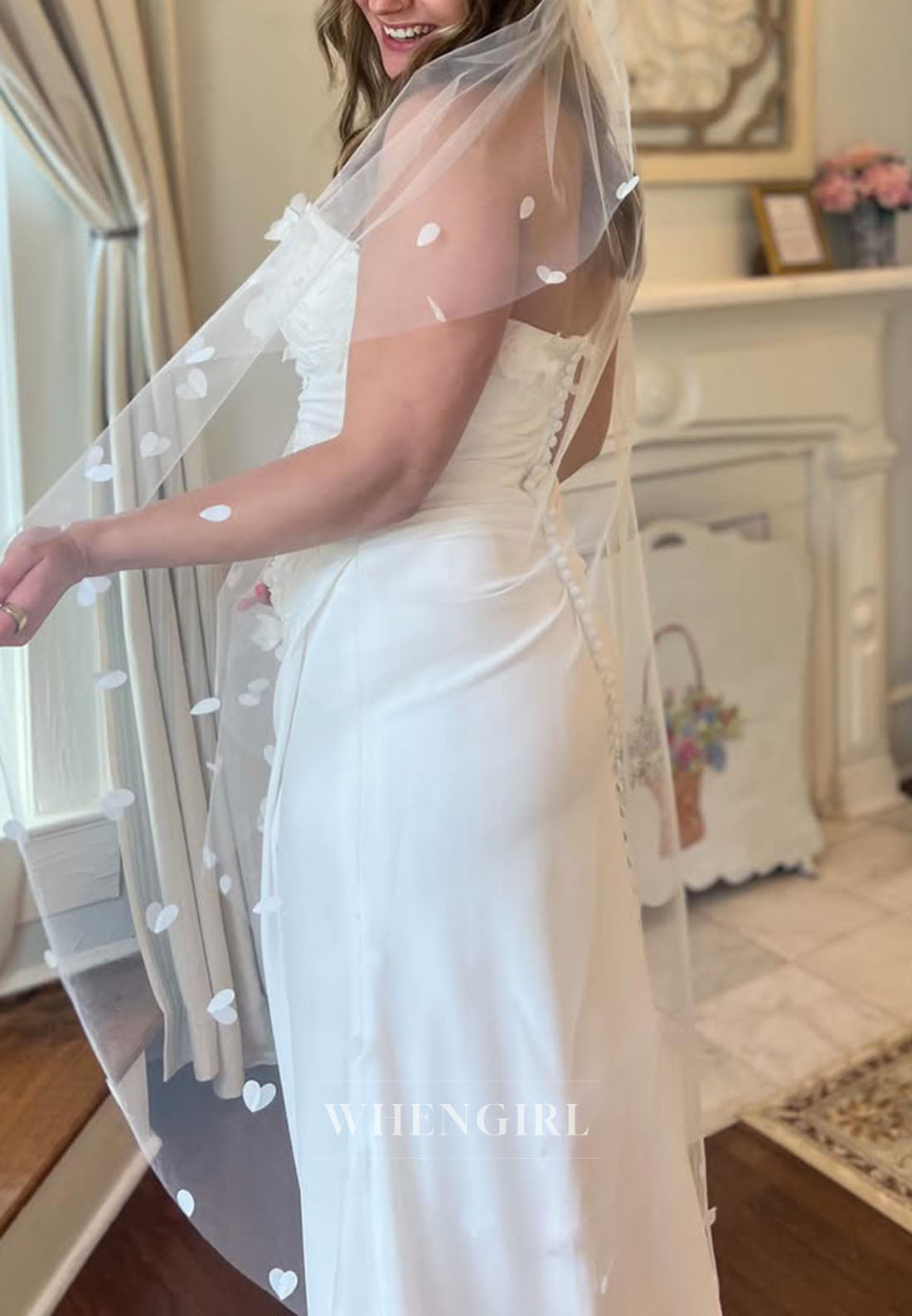 Strapless 3D Floral Ruched Wedding Dress with Slit