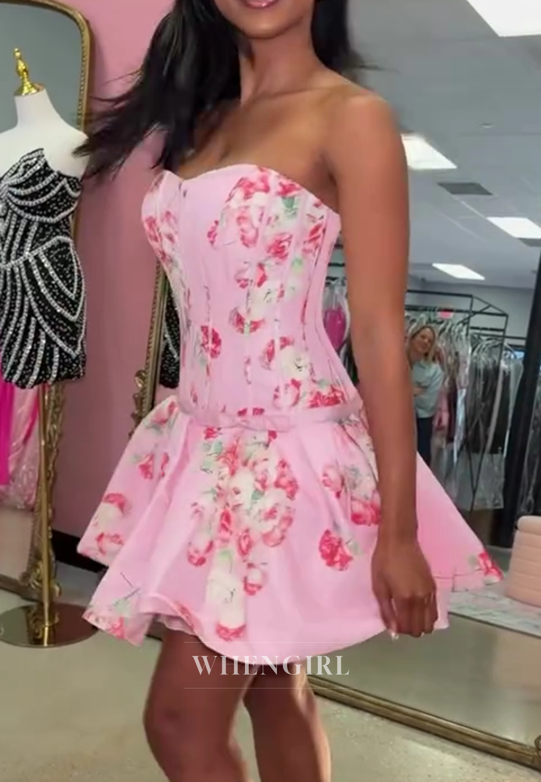 Strapless Corset Floral Bubble Skirt Mini Dress
