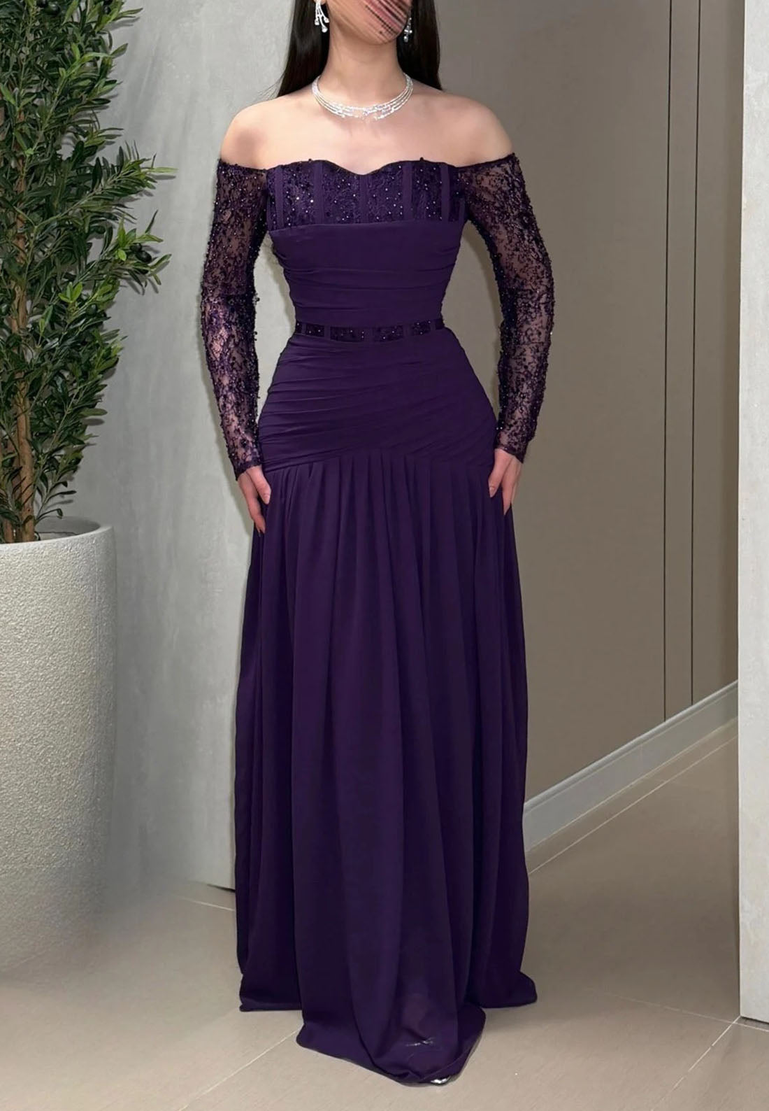 Off-the-Shoulder Beaded Ruched Evening Gown