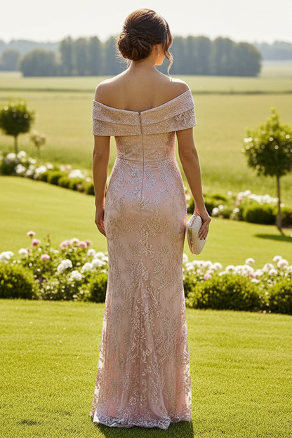 Off-Shoulder Lace High Slit Evening Gown