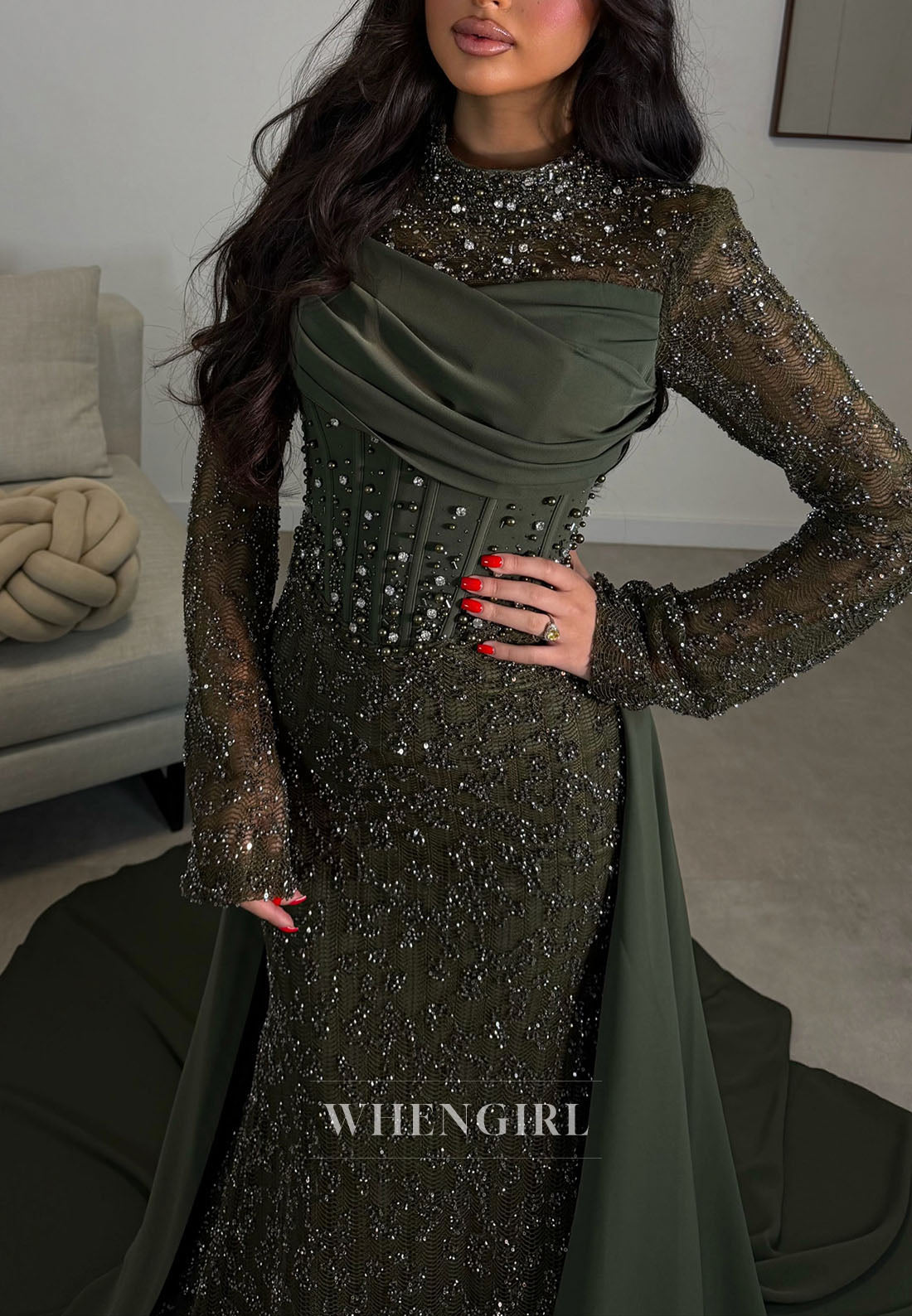 High-Neck Beaded Mermaid Gown with Overskirt
