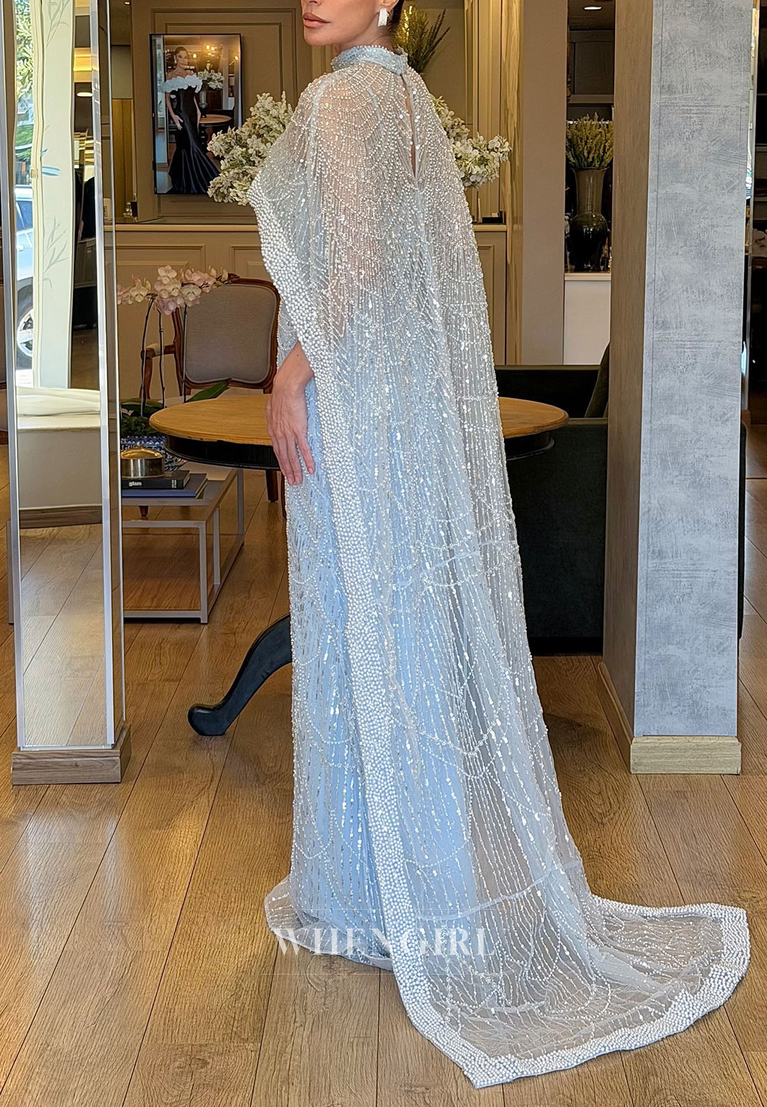 Beaded Column Gown with High-Neck Cape