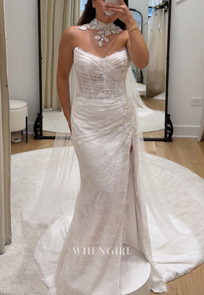 Strapless Ruched Lace Wedding Dress with High Slit