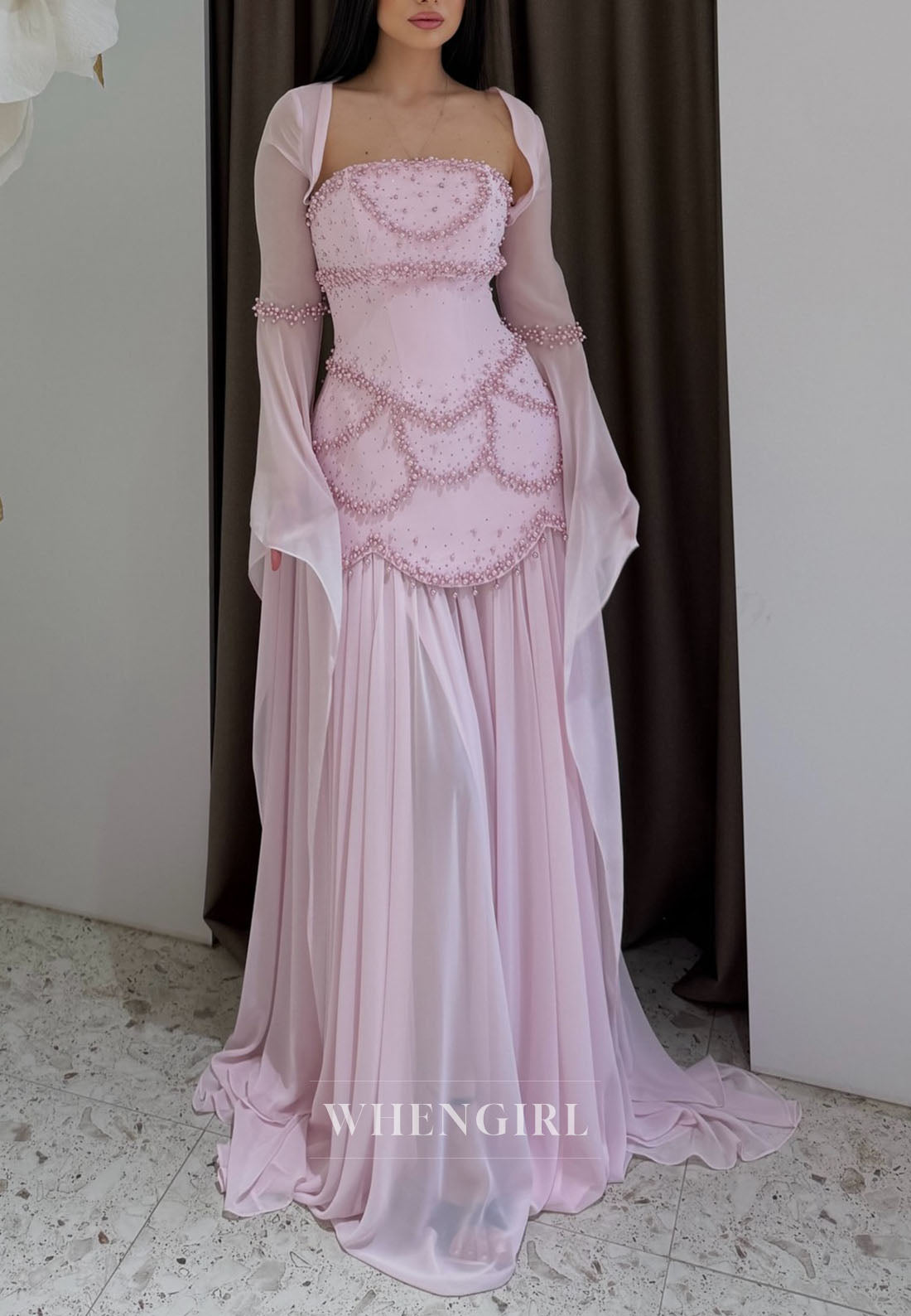Strapless Pearl-Beaded Chiffon Gown with Jacket