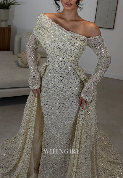 Sequined Off-the-Shoulder Gown with Overskirt