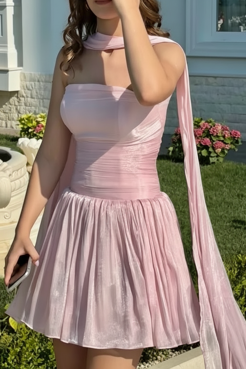 Strapless Metallic Mini Dress with Attached Shawl Scarf