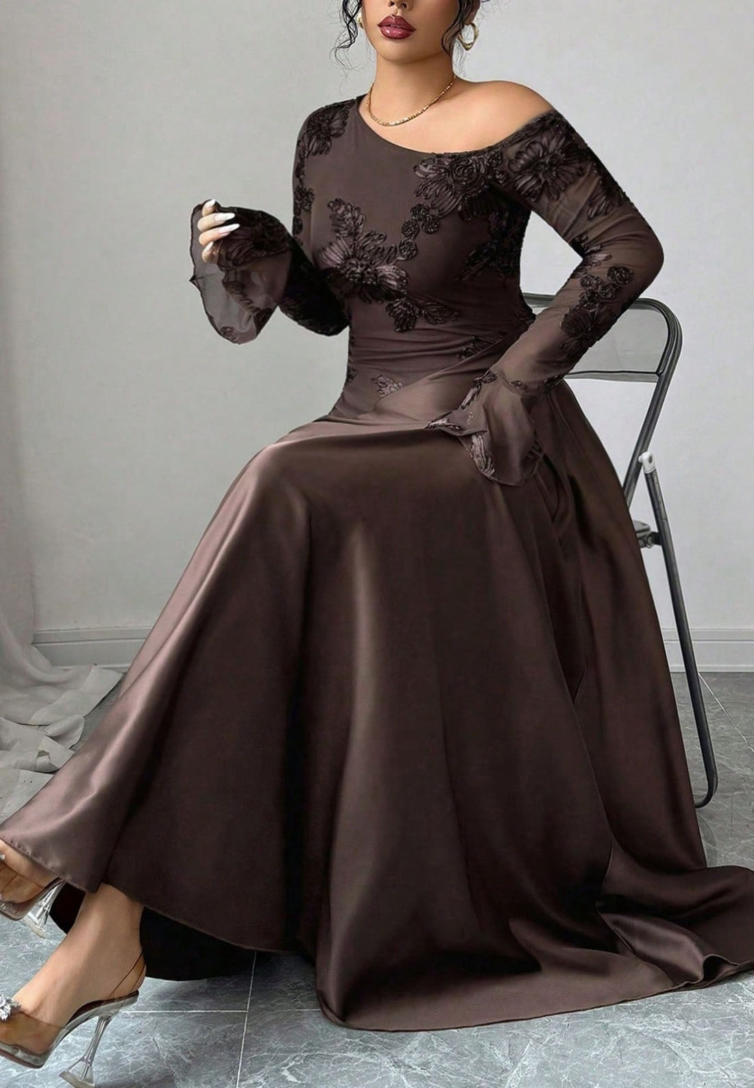 Asymmetrical Neck Floral Lace Maxi Dress