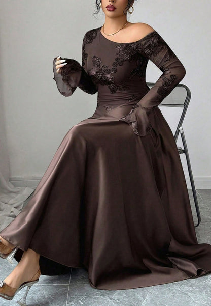 Asymmetrical Neck Floral Lace Maxi Dress
