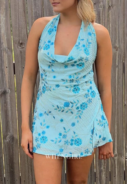 Halter Cowl Neck Floral Beaded Mini Dress