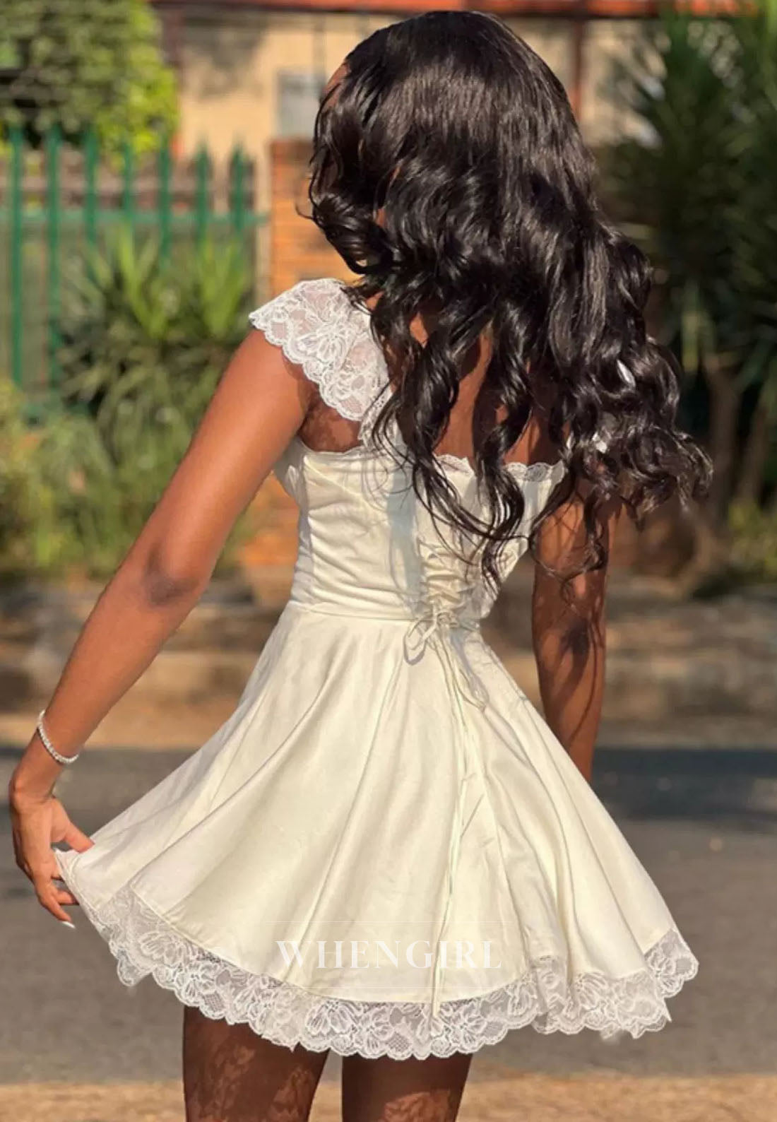 Lace Trim Ruched Bust Mini Dress with Cap Sleeves