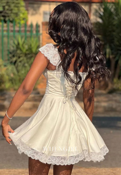 Lace Trim Ruched Bust Mini Dress with Cap Sleeves