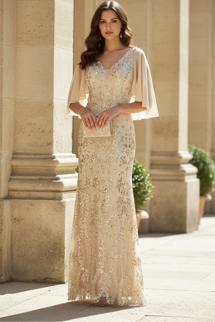 Sequined Cape-Sleeve V-Neck Gown