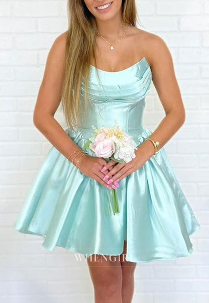 Strapless Pleated Satin A-Line Mini Dress
