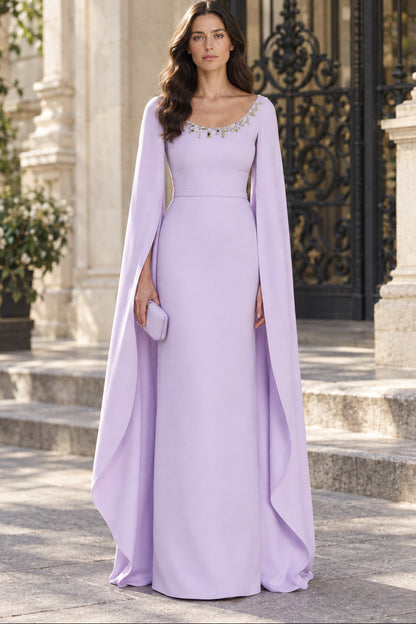 Cape Sleeve Evening Gown with Beaded Neckline