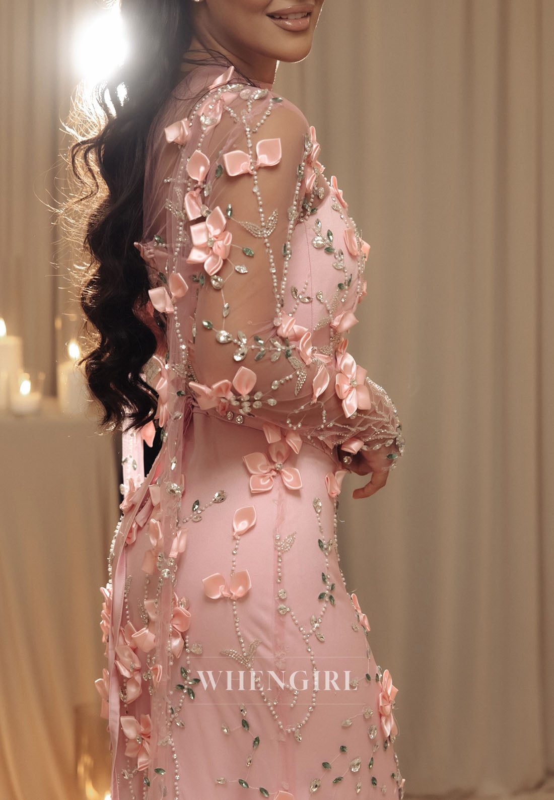 3D Floral Applique Illusion Mermaid Evening Gown