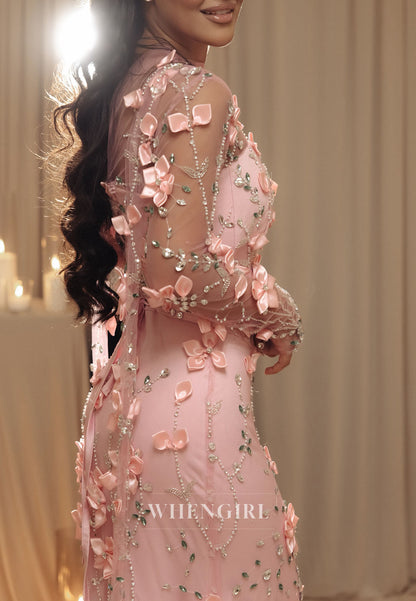 3D Floral Applique Illusion Mermaid Evening Gown