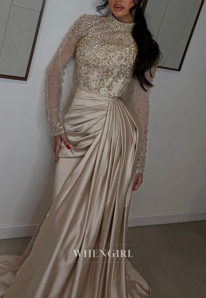High Neck Beaded Long Sleeve Satin Mermaid Gown