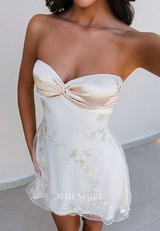 Strapless Embroidered Tulle Mini Dress with Satin Bow