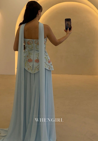 Embroidered Strapless Peplum Gown with Shawl