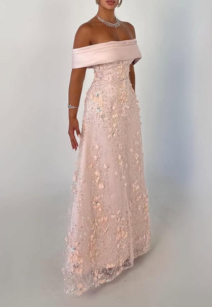 Off-the-Shoulder 3D Floral Sequin Evening Gown