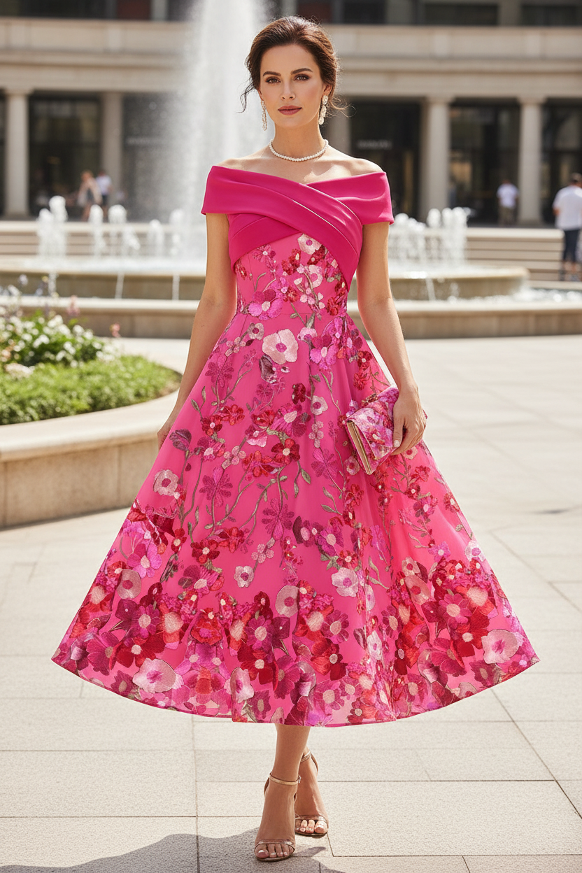 Off-Shoulder Floral A-Line Midi Dress