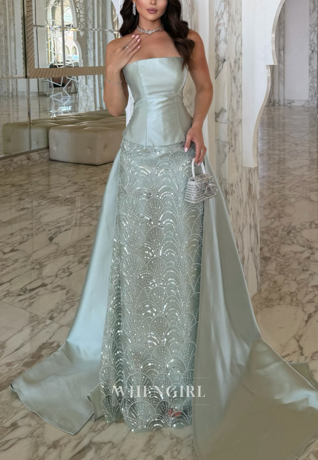 Strapless Satin Evening Gown with Sequin Skirt & Train