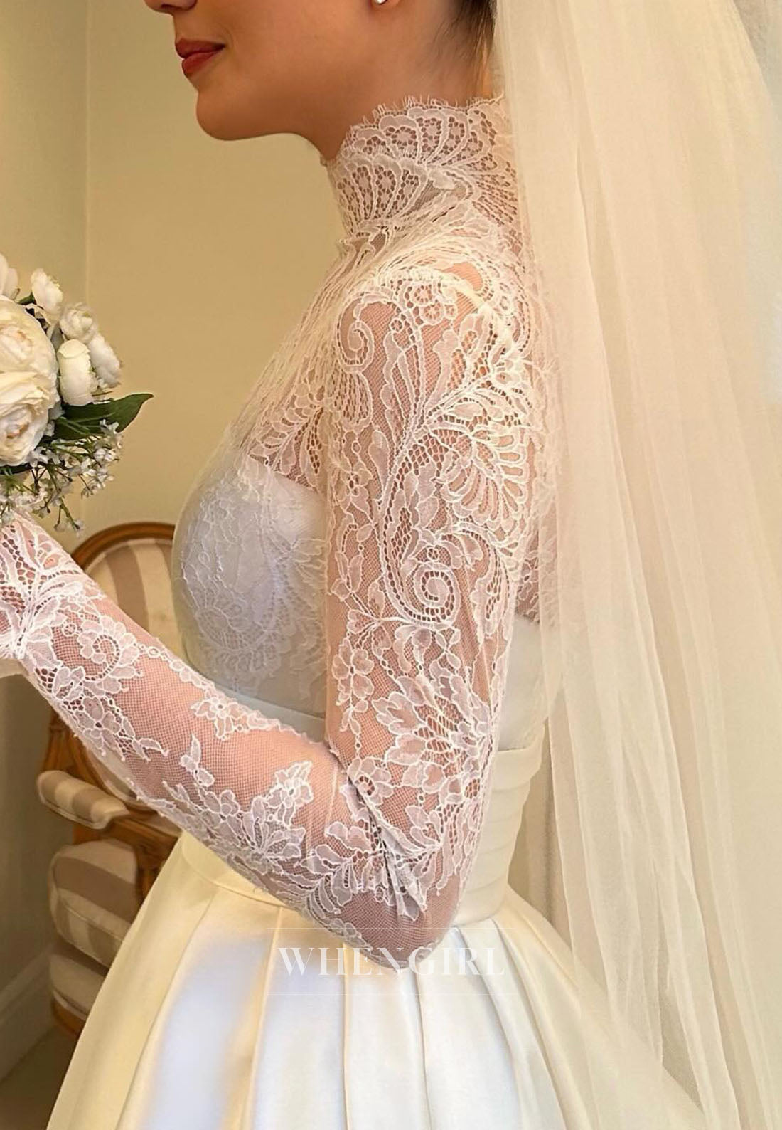 High Neck Lace Long Sleeve Satin Ball Gown Wedding Dress